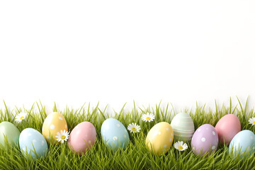 Fototapeta premium A vibrant arrangement of pastel colored easter eggs nestled in lush green grass with delicate white daisies creating a spring scene high quality professional