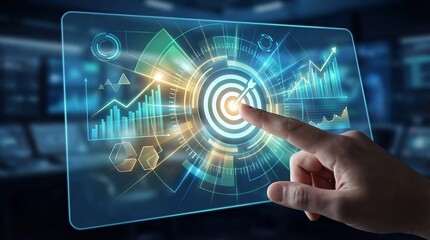 Fototapeta premium A hand interacting with a digital dashboard illuminated with graphic metrics and targets