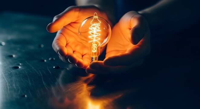 Hands holding glowing filament light bulb, idea and inspiration concept