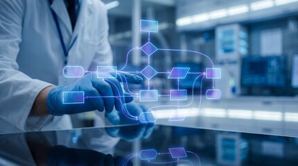 Scientist in a lab adjusting a virtual document approval pipeline with a holographic interface