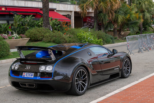 Monte Carlo, Monaco - June 6th 2023 : View on a black Bugatti Veyron 16.4 Super Sport Edition Merveilleux finished in Black Carbon Fiber parked on a street.