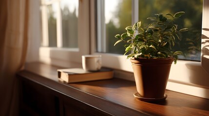 Fototapeta premium Warm sunlight streams across a tranquil ill with a book mug and potted plant