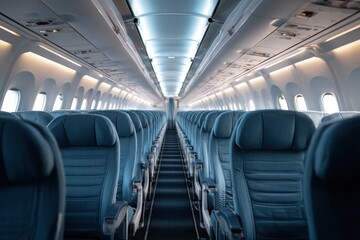 Fototapeta premium Empty airplane cabin with rows of passenger seats and soft ambient lighting