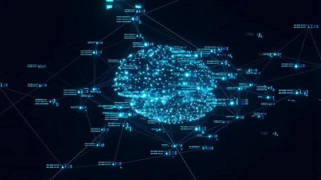Abstract digital brain network visualization with glowing nodes and connections. Represents artificial intelligence, data processing, and neural networks in technology