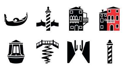 Fototapeta premium Venetian icon set: gondola, architecture, and landmarks in minimalist style