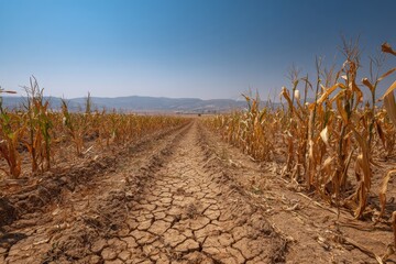 Extreme heat and arid soil in a corn field during drought season