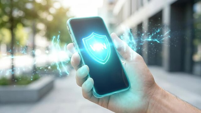 Businessman holding smartphone with floating digital shield and vpn icon. Cyber security, data protection and internet privacy concept. Secure connection technology for modern communication.