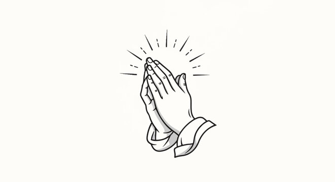 A stark black and white drawing of hands clasped together in prayer, with radiating lines