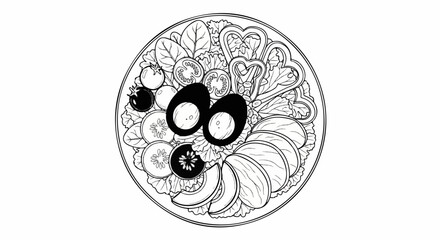 A black and white line drawing of a round salad with eggs, tomatoes, cucumbers, and bell peppers