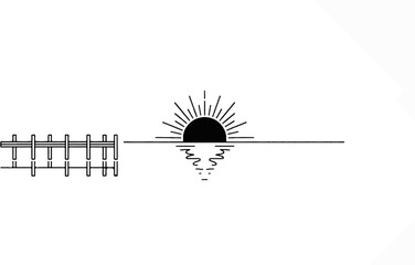 A simple line drawing depicts a jetty on the left and a sun setting over water