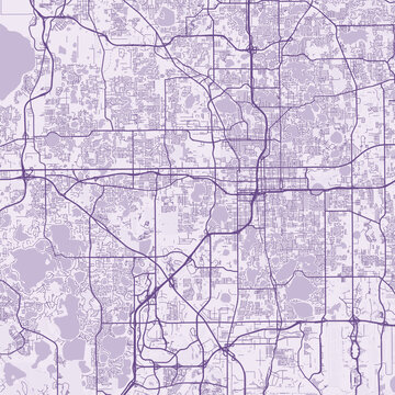 Orlando City Map Sophisticated Geometric Urban Topography Featuring Meticulous Linework and Balanced Composition in a Timeless Minimalist Soft Lavender Blueprint Aesthetic for Modern Living.