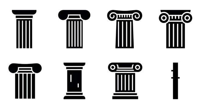 Collection of ancient architectural column designs in bold black silhouette style