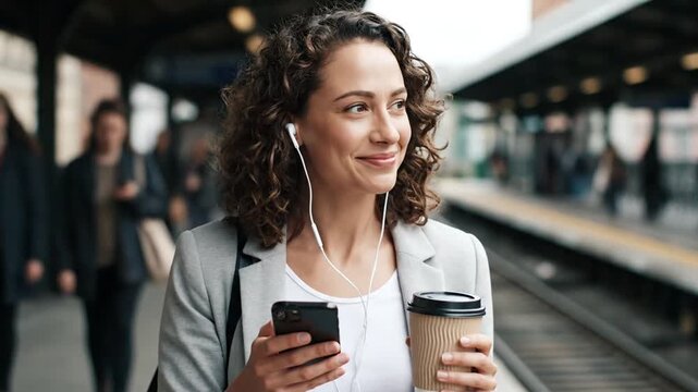 Woman at station with coffee  phone.