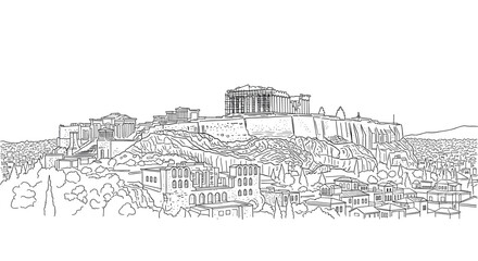 Obraz premium Acropolis of athens in linear art: classic greek landmark in black and white