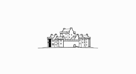 Naklejka premium A black and white sketch of a large, ornate castle with multiple towers