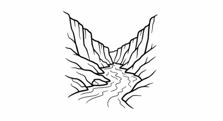 A black and white sketch of a winding river flowing through a deep canyon