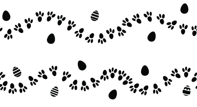 Seamless vector graphic illustration design featuring bunny footprints and scattered Easter eggs