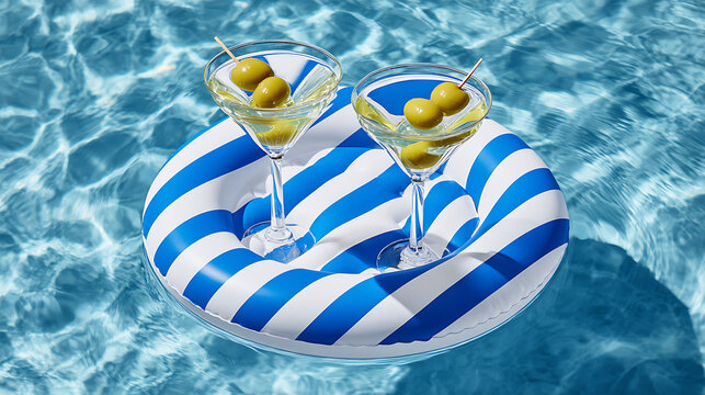 Two martini glasses with olives on a blue and white striped pool float