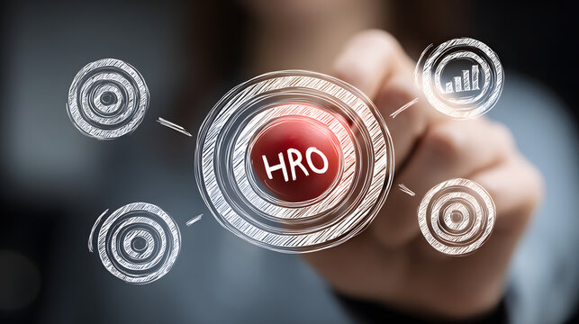 HRO concept: A hand expertly interacts with a central HRO button, surrounded by business-related icons, symbolizing a strategic approach in human resources.