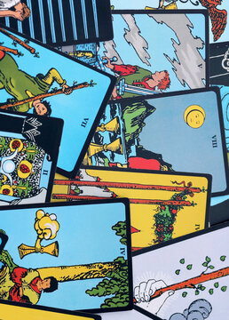 Fortune telling on tarot cards, used Marseille Tarot deck by unknown artist published first in 1709