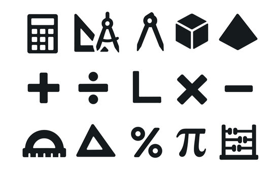 Mathematics icon set featuring flat geometric and arithmetic symbols