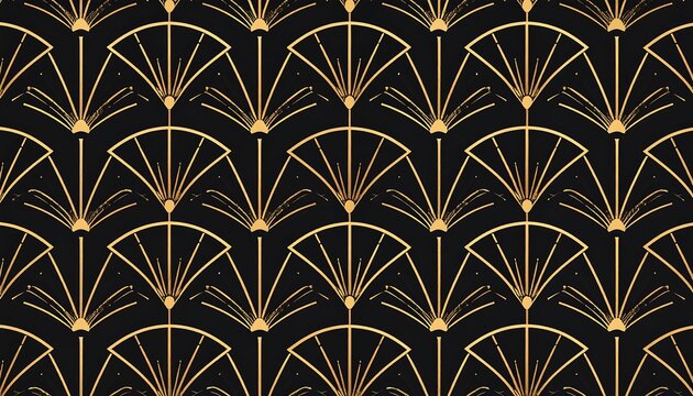 A repeating art deco-style pattern featuring stylized fan shapes in gold against a dark, contrasting background