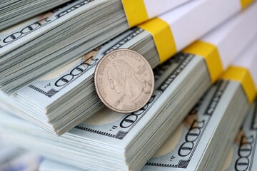US coin lies among ten thousand dollars packs in stack on big amount of hundred dollar bills © Larysa