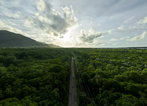 Aerial view of a road cuts through the lush, verdant Karimunjawa Mangrove Forest under a sky dappled with clouds and sun, Karimunjawa, Central Java, Indonesia.