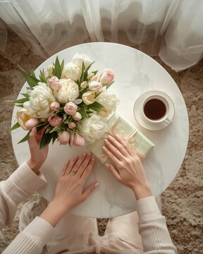 Mothers Day Breakfast Flowers and Gift Flat Lay
