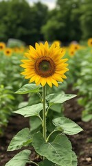 Obraz premium Sunflower in Focus: A vibrant sunflower stands tall in a field of green, its golden petals radiating warmth under the open sky, embodying the essence of nature's beauty and the sunny season.