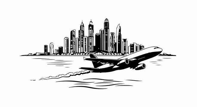 A jet plane takes off against a city skyline with a water-like foreground