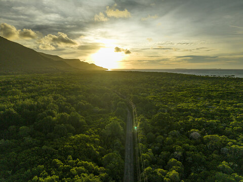 Aerial view of a road cutting through lush mangrove forest with the sun setting behind a mountain range, Karimunjawa, Central Java, Indonesia.