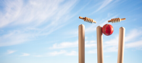 Naklejka premium Cricket ball hitting wicket stumps and bails bowled out background