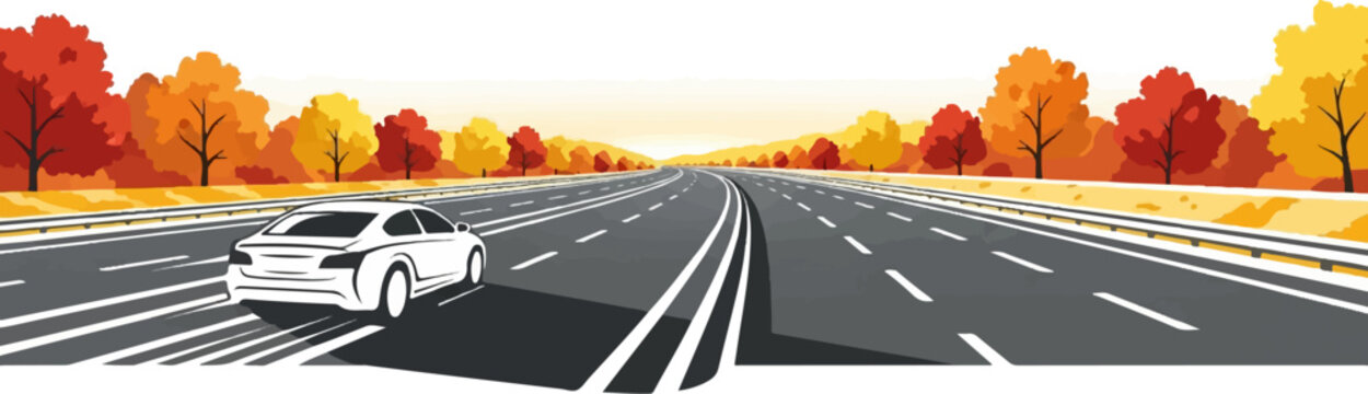 White car drives on a highway lined with autumn trees