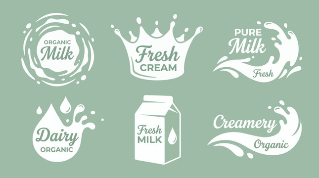 Set of white milk and dairy logo labels with liquid splashes drops carton and cream crown icons on green background, concept for dairy branding, organic product packaging and shop marketing