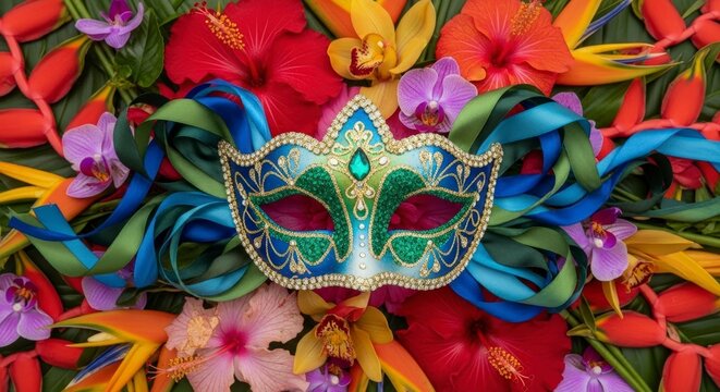 Colorful Venetian Mask with Floral Background.