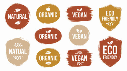 Obraz premium Collection of earth tone organic natural vegan and eco friendly badges with rustic grunge brush stroke texture, concept for product packaging, sustainable marketing and healthy food branding
