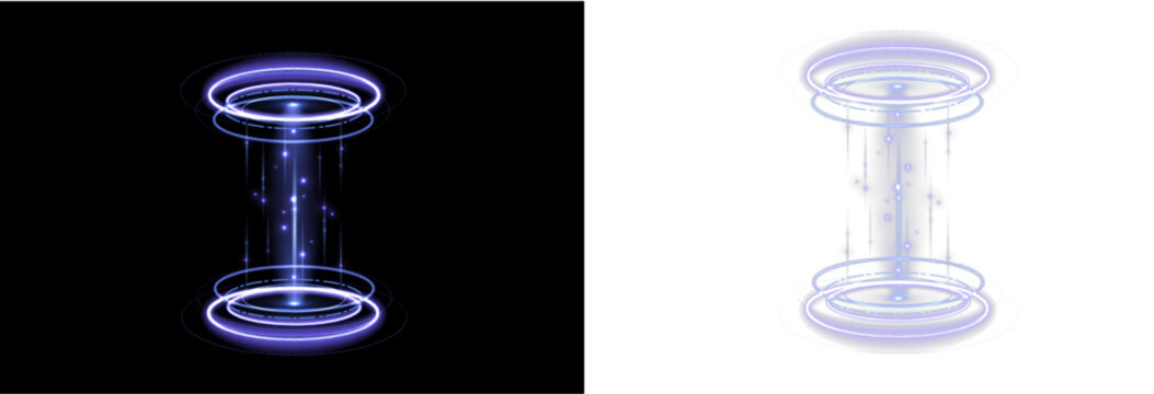 Radiant cyber gateway formed by luminous blue rings and digital light beams. Energy particles spin around the portal frame. Transparent PNG element for futuristic UI and gaming visuals.