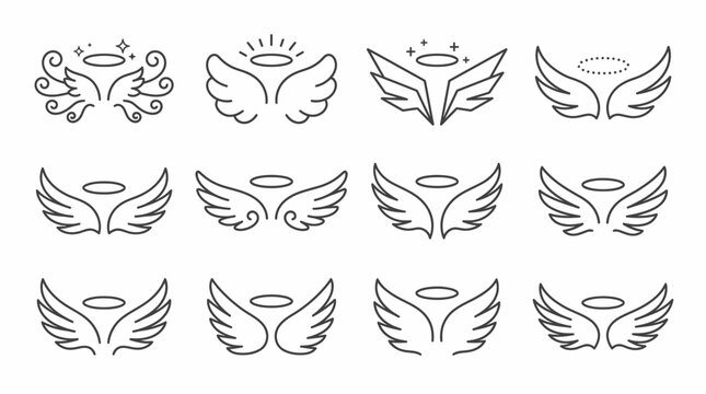 Collection of twelve various minimalist angel wing icons with halos in black line art style on white background, concept for tattoo design, religious emblem and divine branding identity