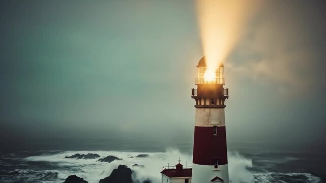 Lighthouse with beam of light illuminating the night and rain. Guiding light, hope, and safety concept for navigation and maritime themes.	
