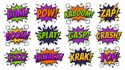 Naklejka premium Set of colorful comic book sound effects with dynamic speech bubbles and explosion clouds on white background, concept for graphic novel design, vintage pop art illustration and storytelling