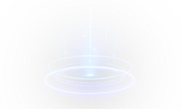 Futuristic teleport stage with luminous blue rings and holographic glow. Radiant beam creates a magical sci-fi transport effect. Transparent PNG element for digital game design.