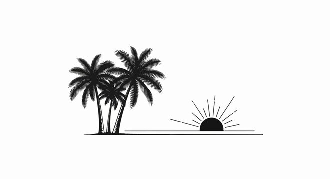 Black and white graphic of palm trees silhouetted against a sunrise on a flat horizon