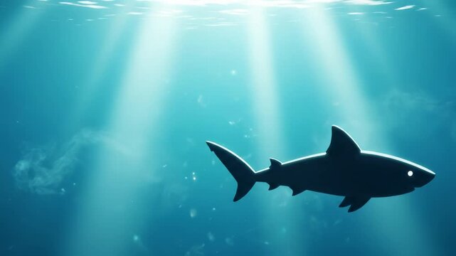 Silhouette shark swimming in deep blue ocean with sun rays streaming through water
