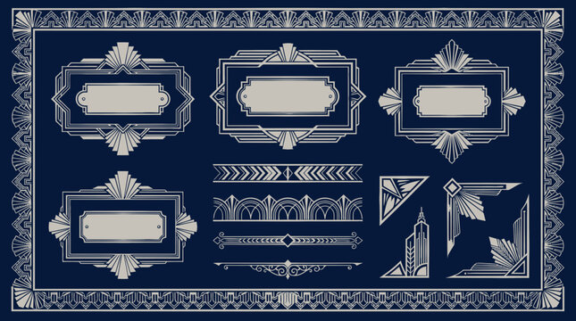 Vintage silver art deco geometric frames and borders with skyscraper corner elements on blue background, concept for wedding invitations, luxury brand packaging and elegant certificates