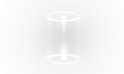 Fototapeta premium Neon teleport platform surrounded by glowing energy sparks. Blue hologram rings form a sci-fi gateway. Transparent PNG overlay for digital graphics.