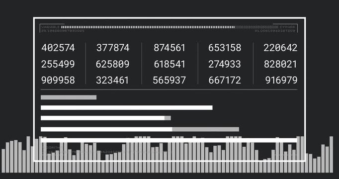 Data dashboard receiving realtime finance feed, updating numbers, growing bars, pulsing equalizer