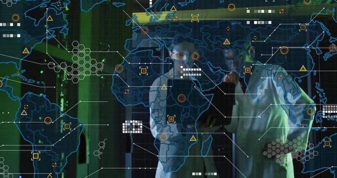 Researchers using laptop in data center, woman tilting laptop starting map overlay checking alerts