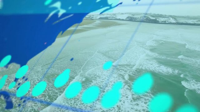 Drone panning coastline, world map overlay entering upper right and generating tech HUD for mapping