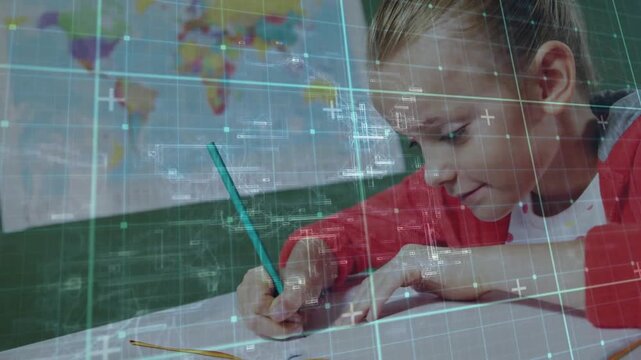 Student touching teal pencil to notebook, writing while teal grid steady over hand for learning